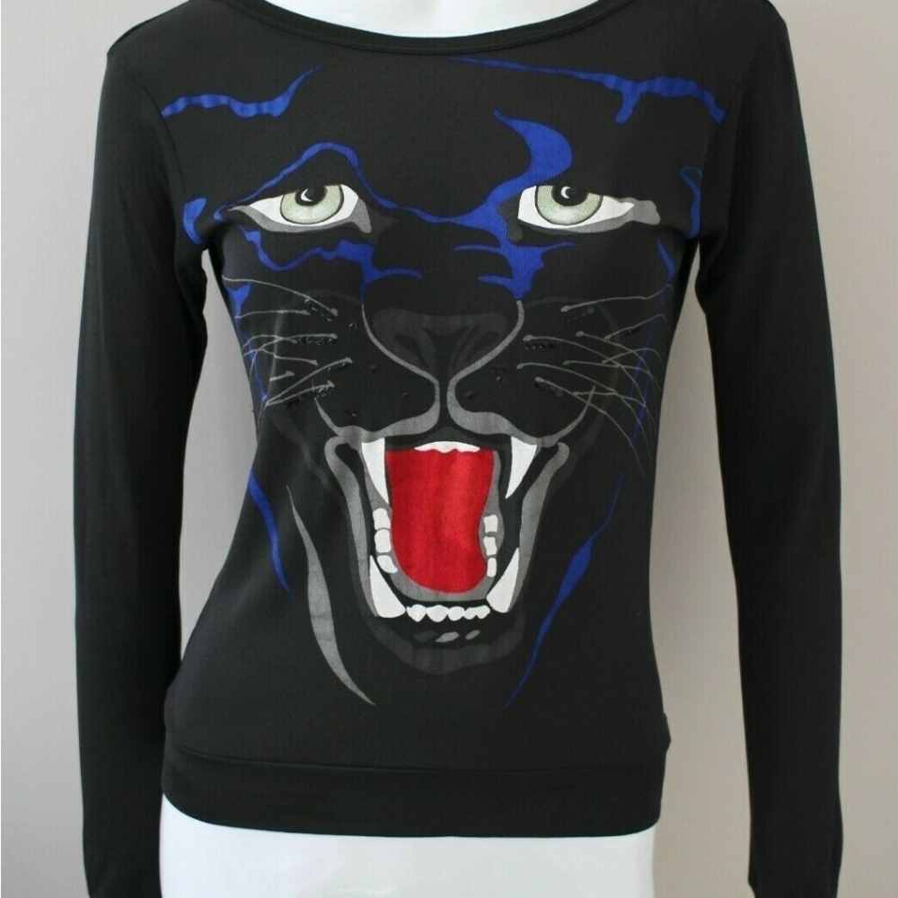 Fierce Vintage 1984 Black Long Sleeve Top with Blue Panther